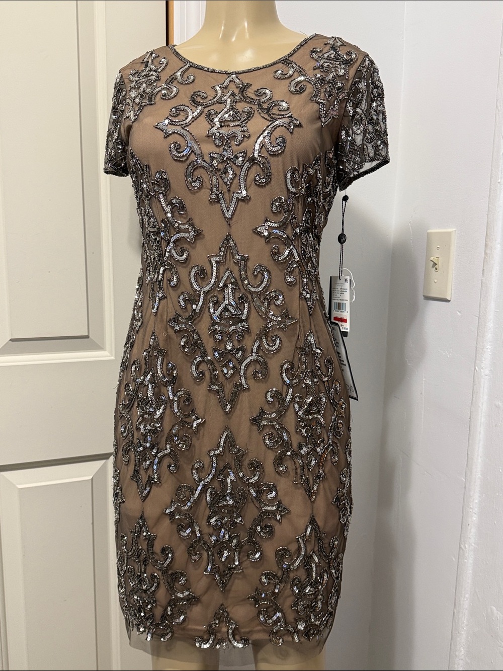 Adrianna Papell Taupe Cocktail Dress with Silver Beading